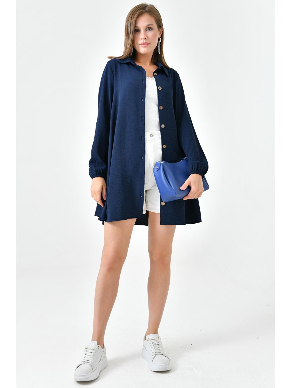 Koyu Lacivert Kadın Gömlek Yaka Ahşap Düğmeli Kolağzı Lastikli Aerobin Dokuma Tunik - Regular Fit-5