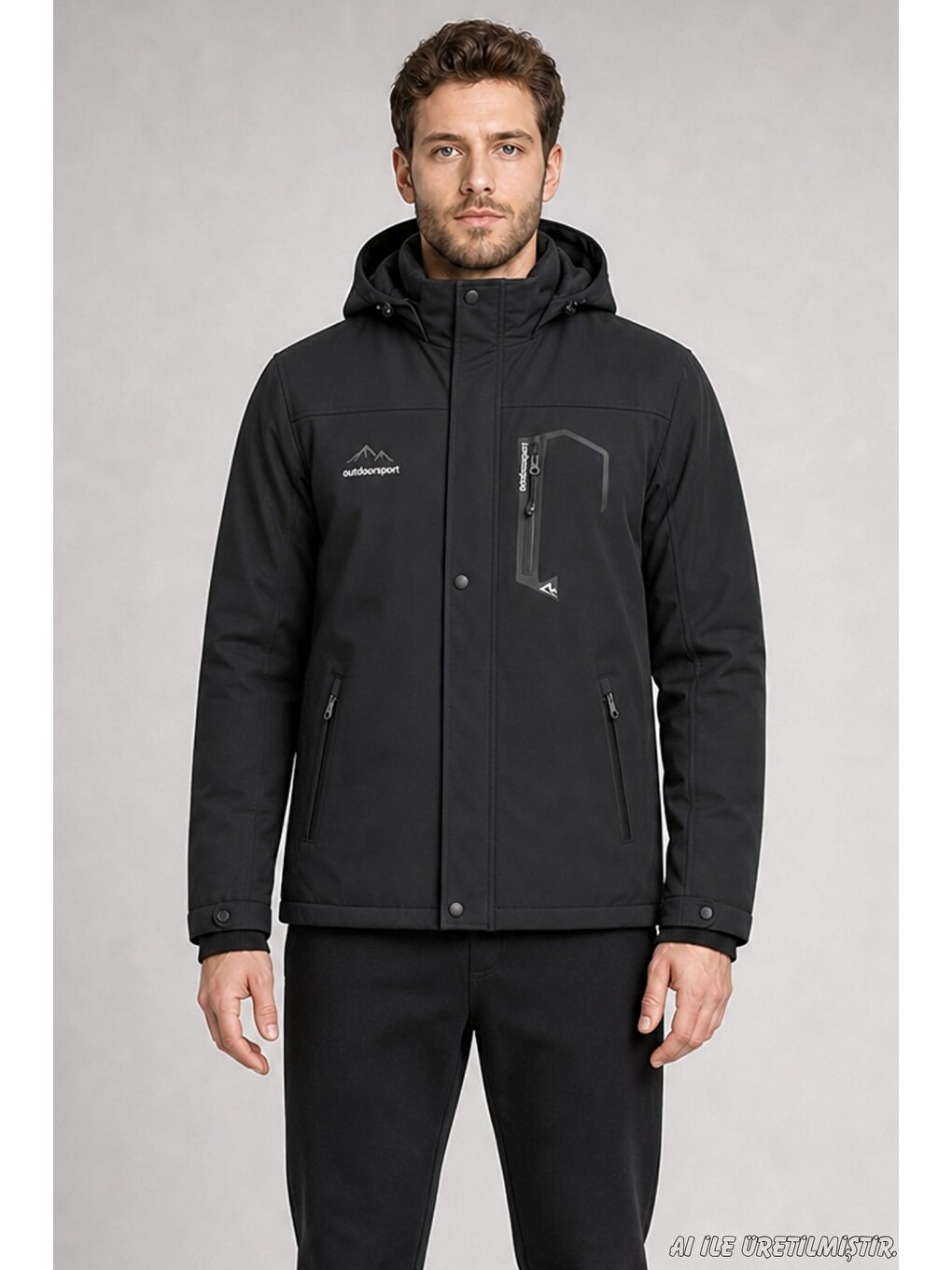 Siyah Erkek Kapüşonlu İçi Kürklü Su Ve Rüzgar Geçirmez Outdoor Softshell Mont-1
