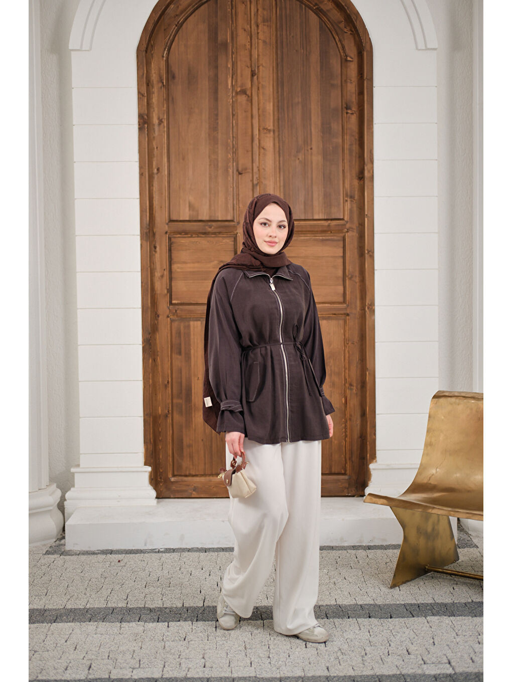 Kadın Gold Fermuar Detay Dikiş İzli Ceket Kahverengi-2