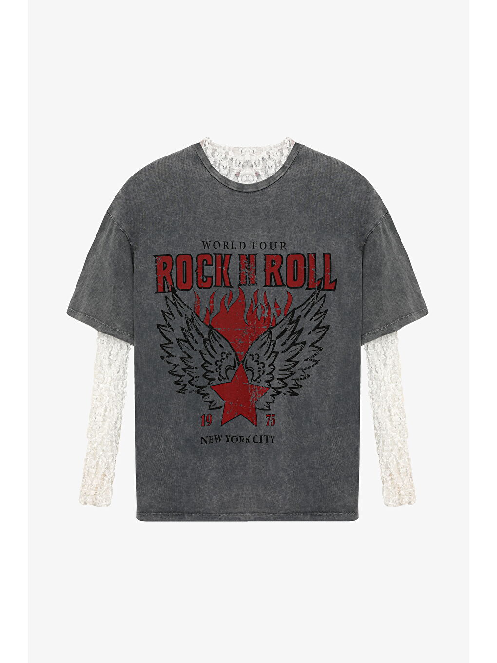 Dantel Garnili Yıkamalı Oversize Tişört Antrasit-1