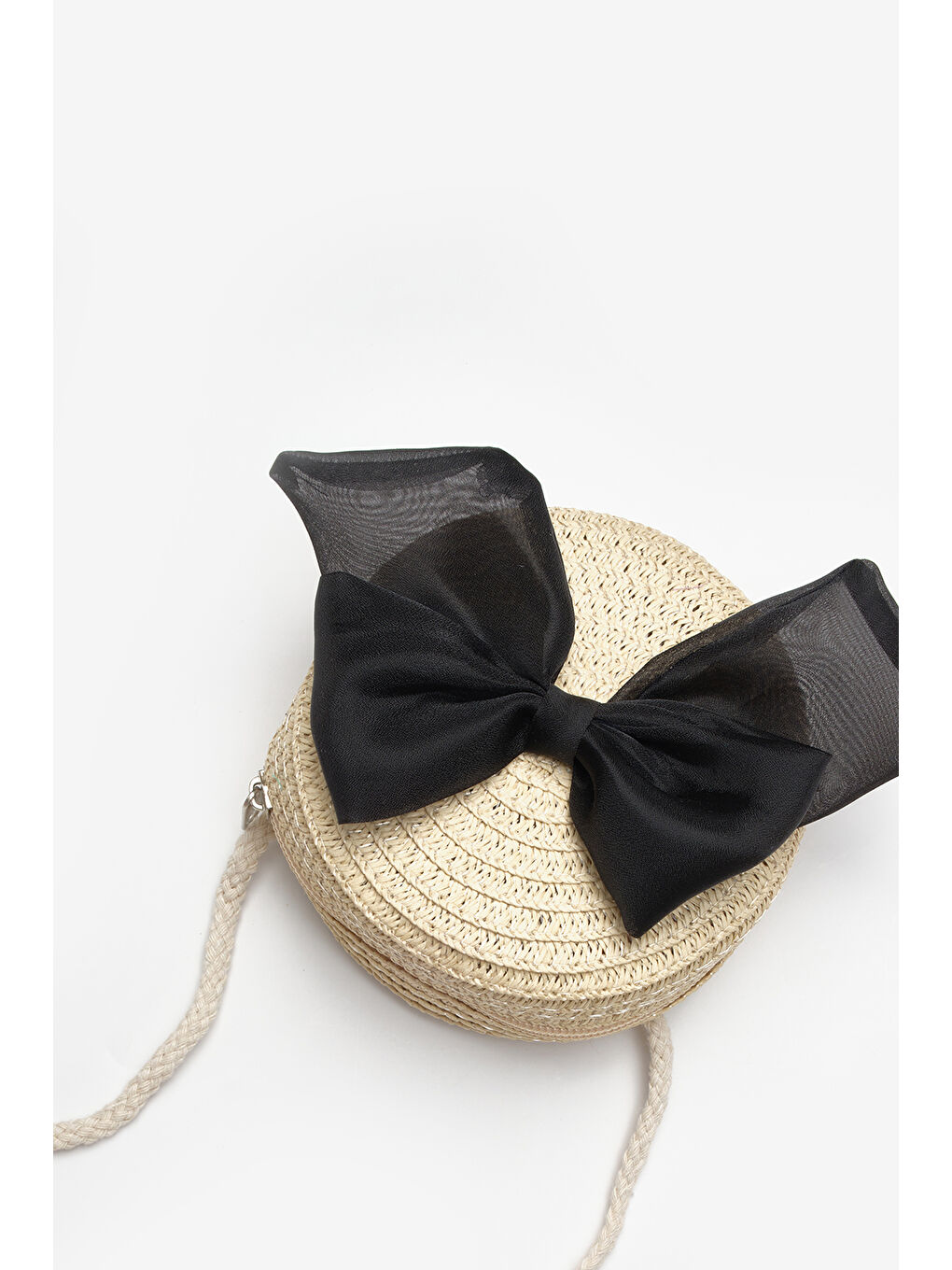 Siyah Fiyonklu Kız Çocuk Bej Hasır Çanta-1