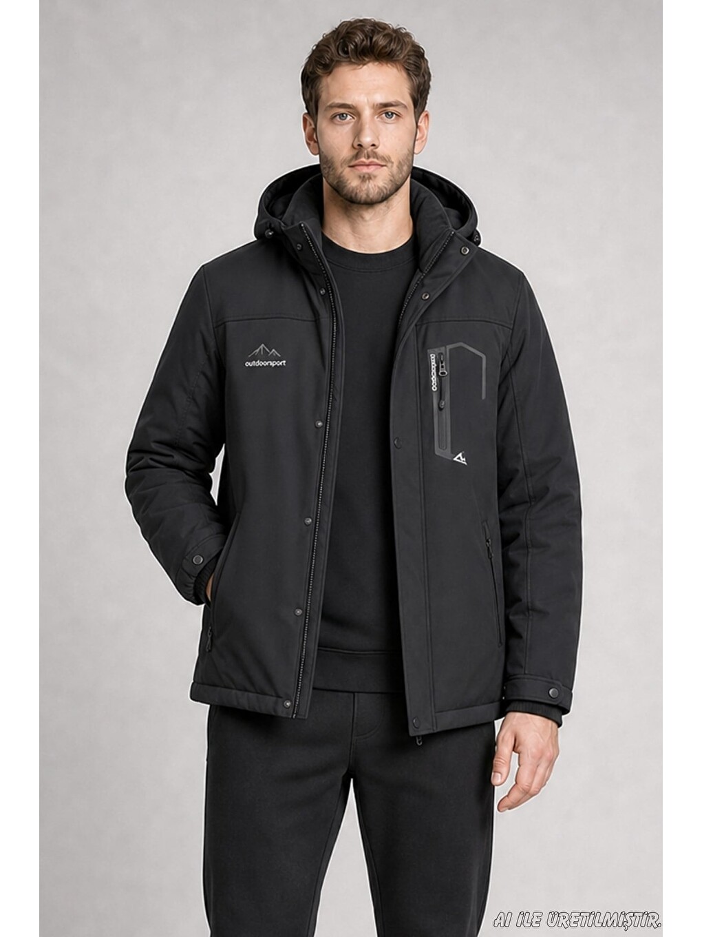Siyah Erkek Kapüşonlu İçi Kürklü Su Ve Rüzgar Geçirmez Outdoor Softshell Mont-2