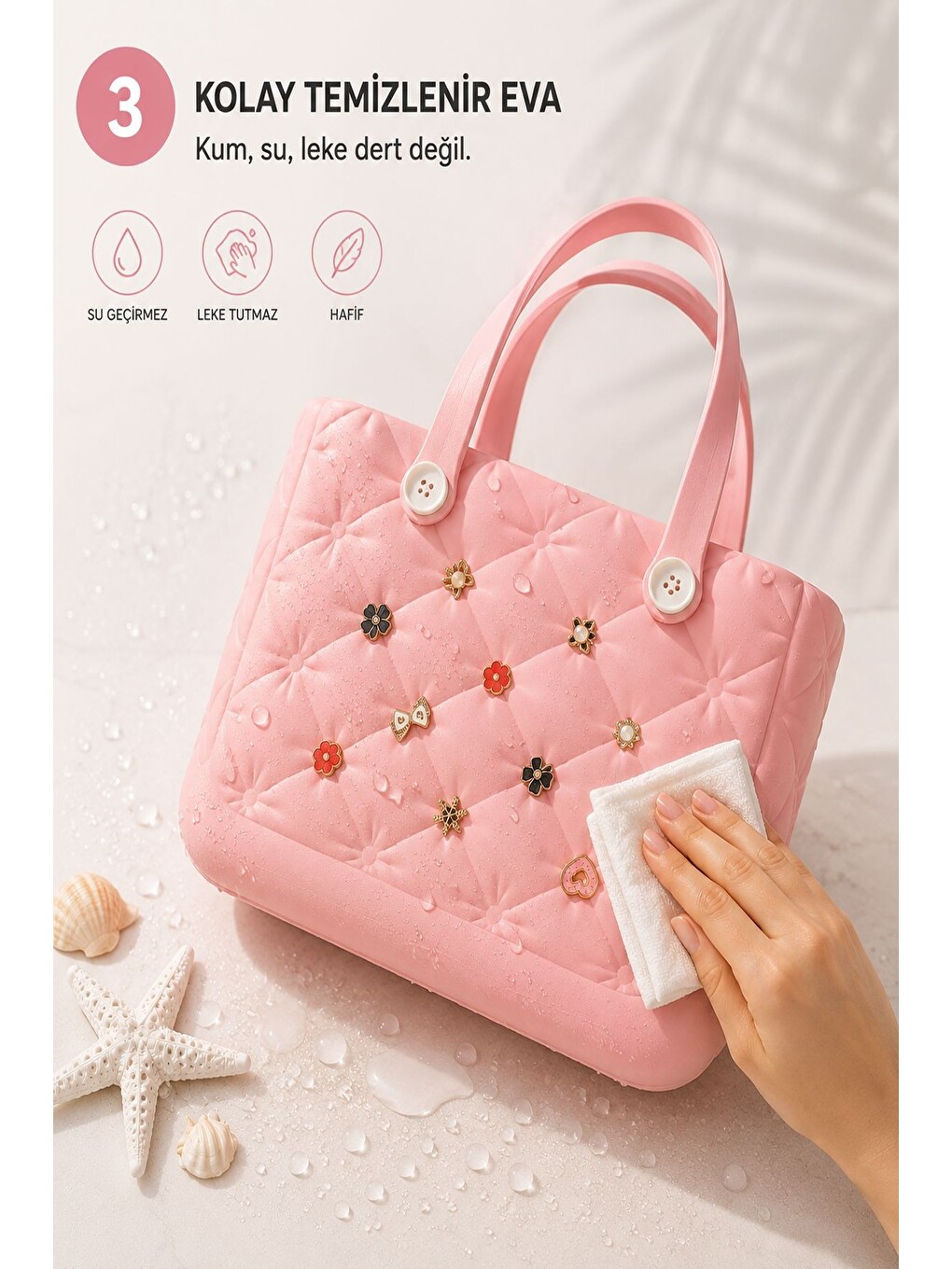 Pembe MARİNE Büyük Boy Baklava Desenli EVA Plaj ve Havuz Çantası-6
