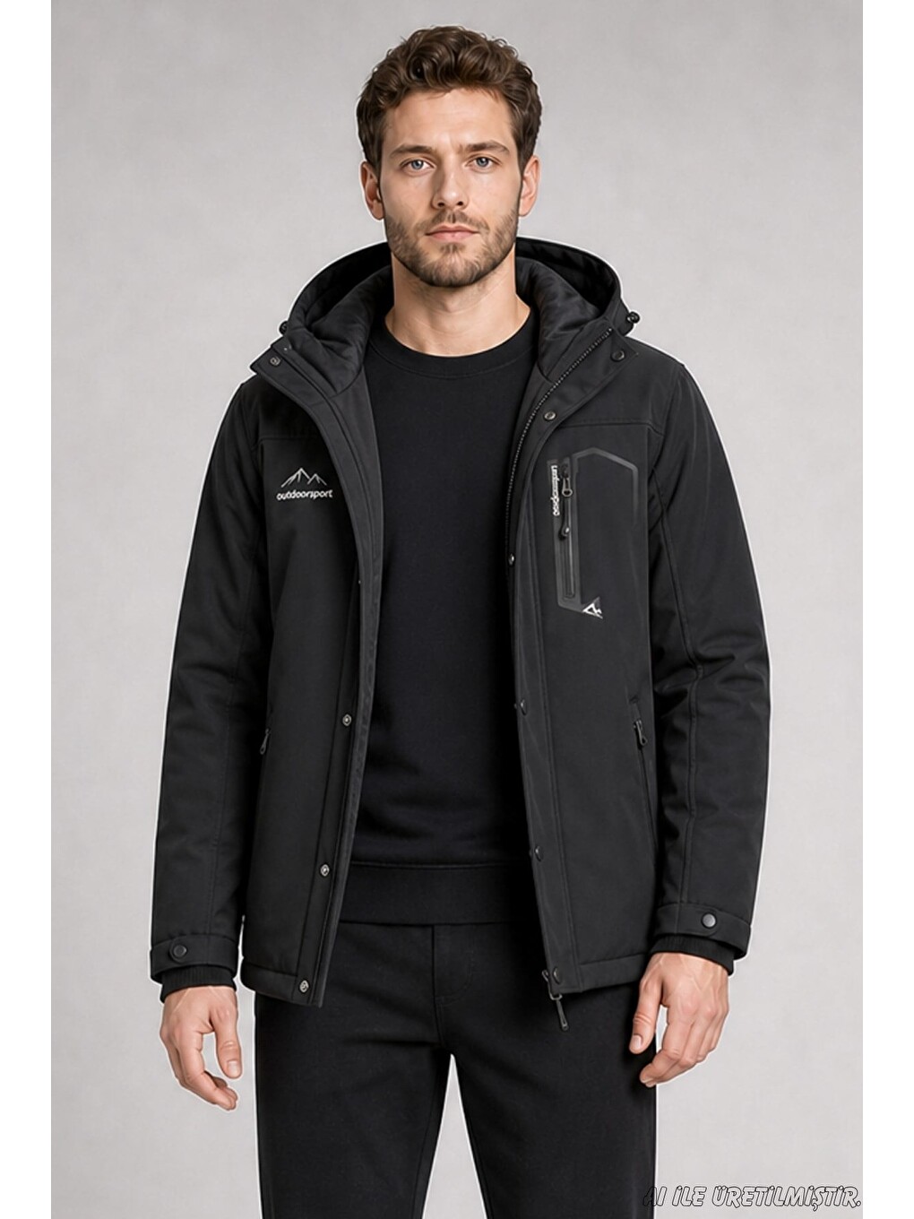 Siyah Erkek Kapüşonlu İçi Kürklü Su Ve Rüzgar Geçirmez Outdoor Softshell Mont-3