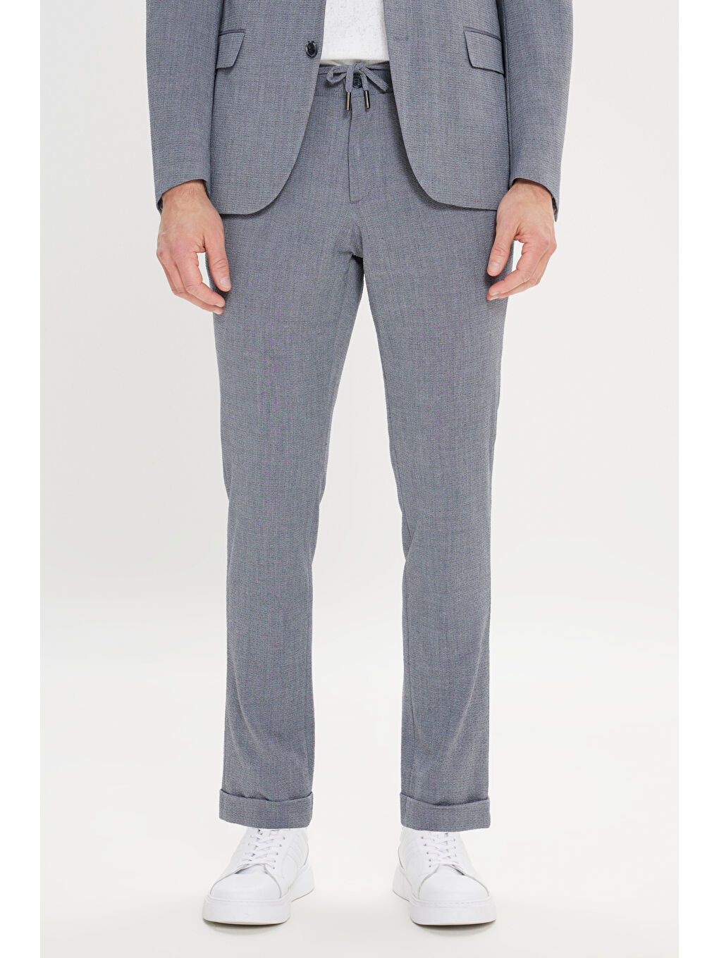 Erkek Gri Slim Fit Mono Yaka Beli Bağlamalı Gofre Desenli Takım Elbise-6