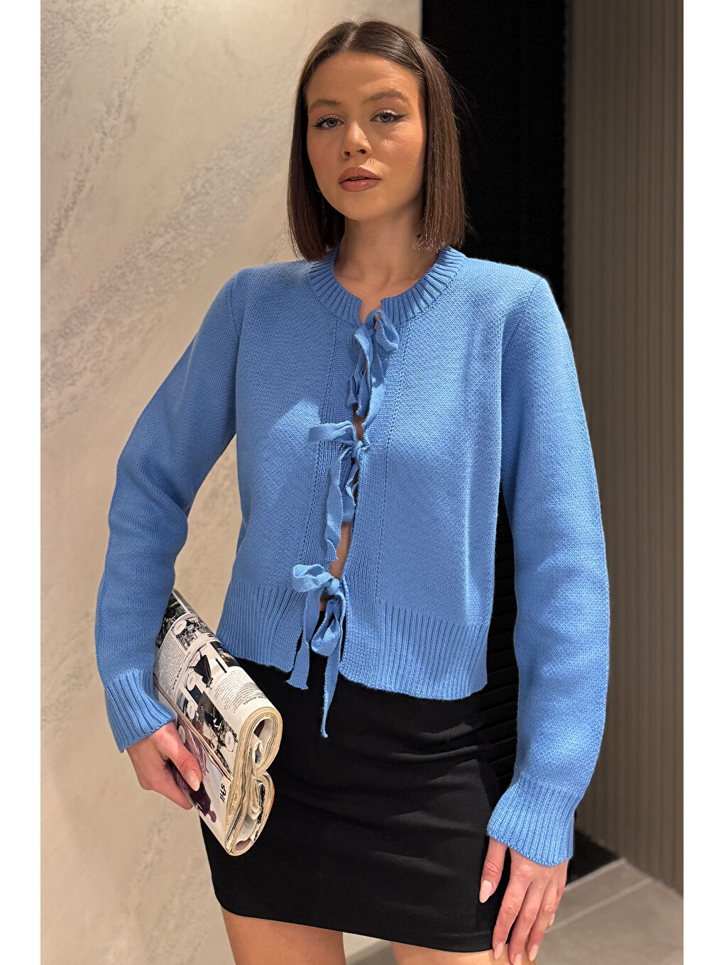 Mavi Kadın Ön Bağlamalı Triko Ceket-1
