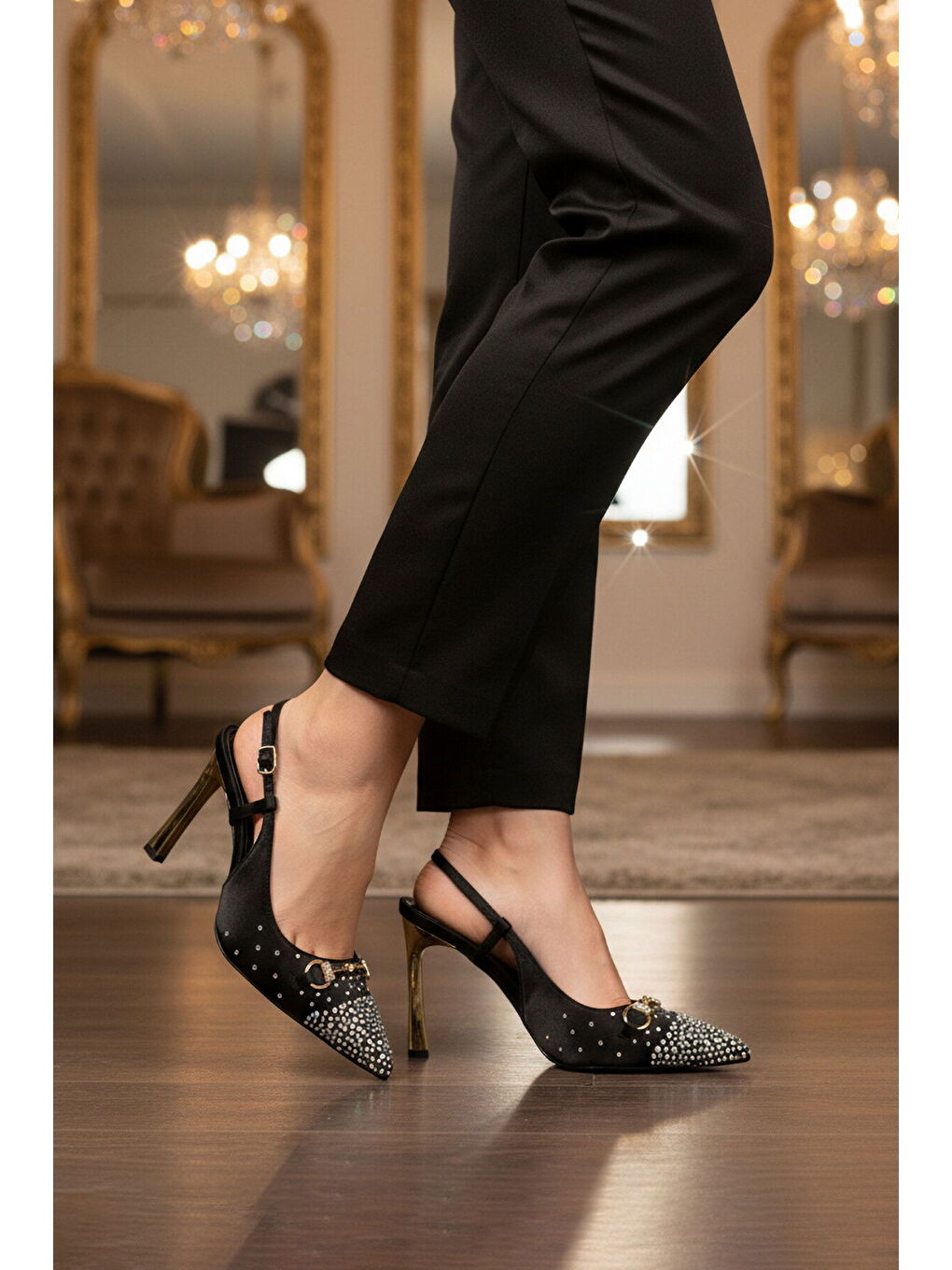 Siyah Saten Taşlı İşlemeli İnce Uzun Topuklu Kadın Abiye Ayakkabı 298248 Z-2