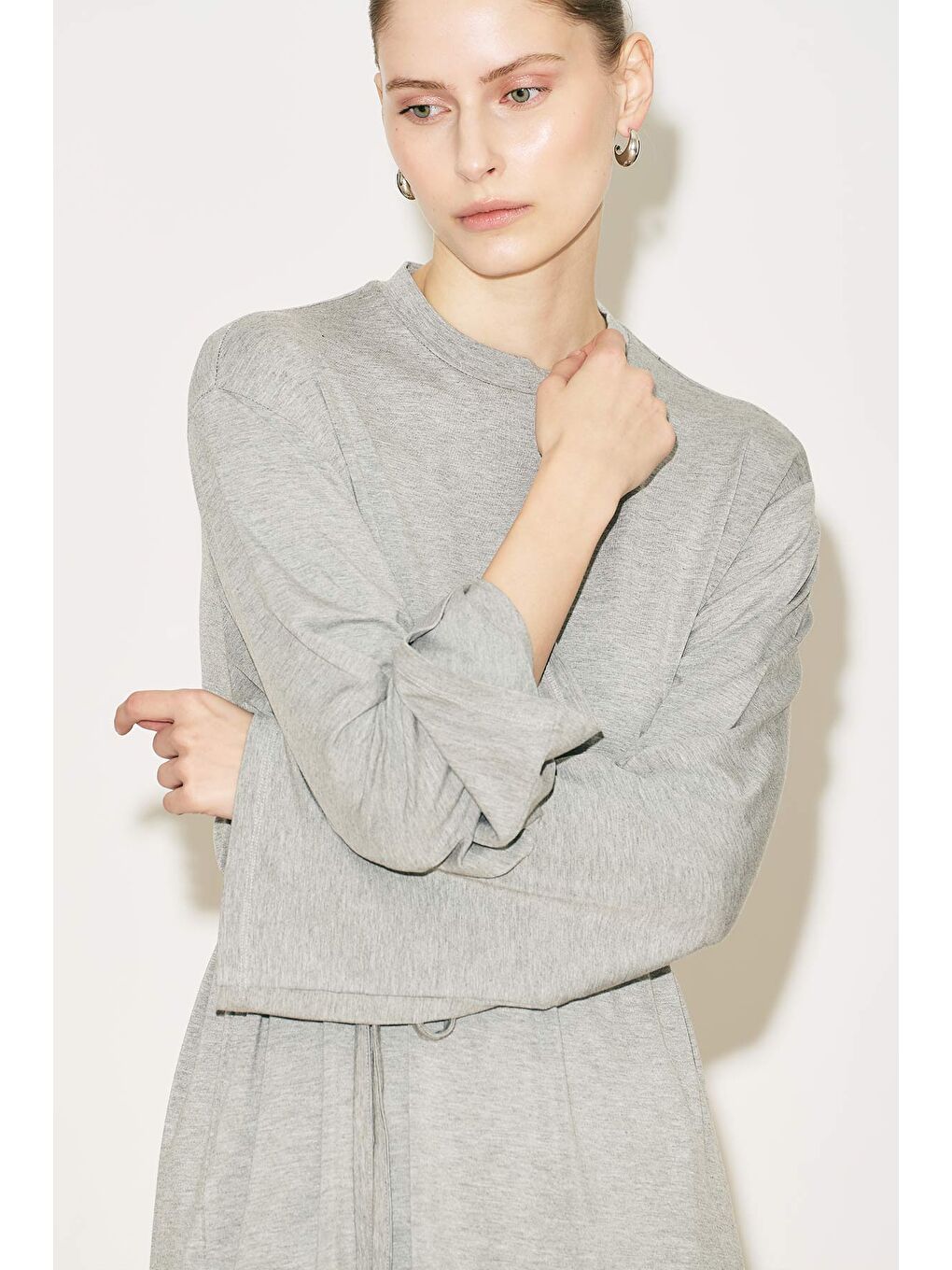 Easy Kuşaklı Rahat Bluz Gri Melanj-10