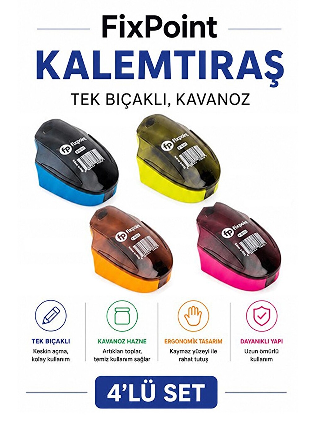 Kalemtraş 4 Adet Hazneli Tek Bıçaklı Fixpoint P-6041 Standart Kalem Açacağı Plastik Kalemtıraş