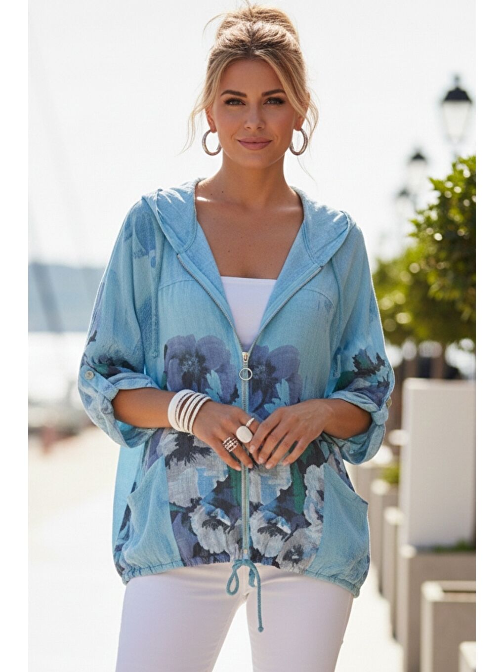 İtalyan Turkuaz Düğmeli Uzun Kollu Cepli Kapüşonlu Fermuarlı Baskılı Regular Boy Dokuma Ceket 68 65-1