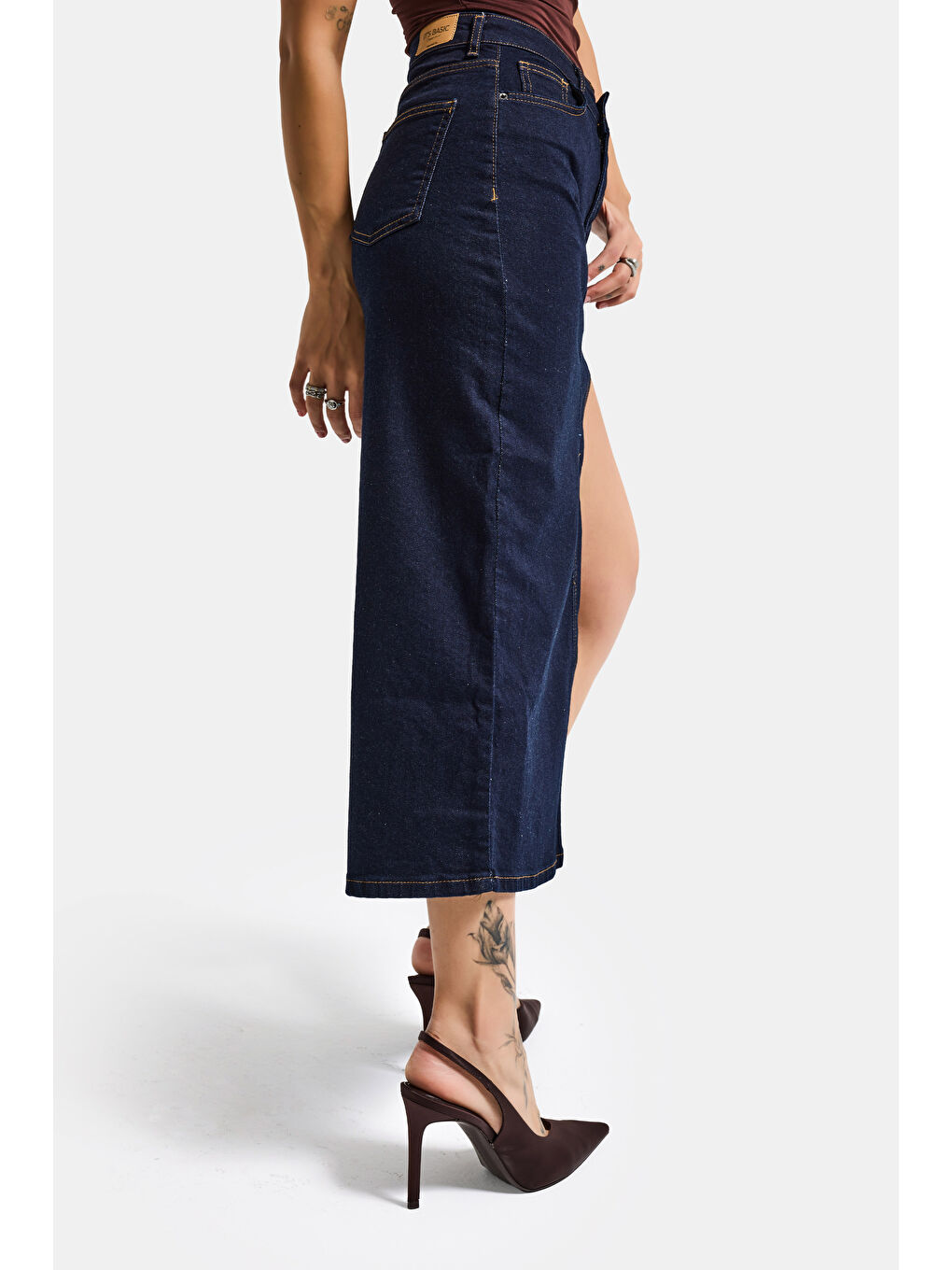Kadın İndigo Selvedge 7s6-50 Maxi Yandan Yırtmaç Detaylı Tasarım Elastanlı Kumaş Denim Etek-1