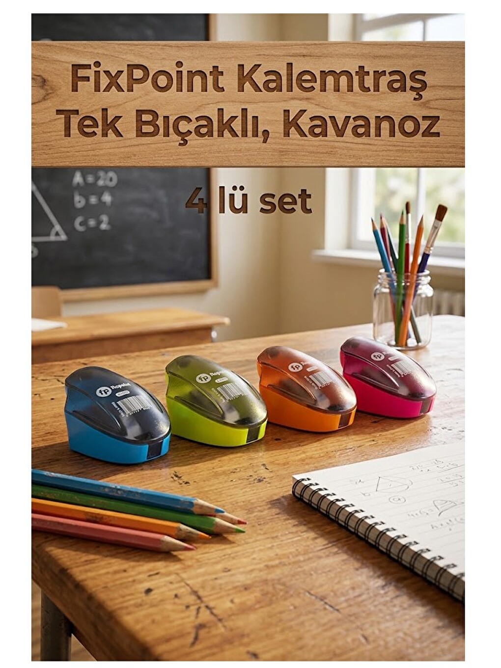 Kalemtraş 4 Adet Hazneli Tek Bıçaklı Fixpoint P-6041 Standart Kalem Açacağı Plastik Kalemtıraş-2