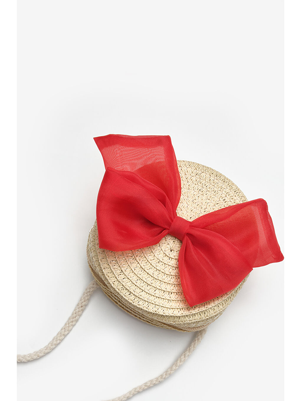 Kırmızı Fiyonklu Kız Çocuk Bej Hasır Çanta-1