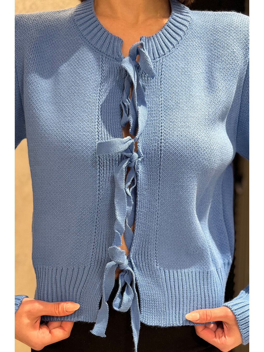 Mavi Kadın Ön Bağlamalı Triko Ceket-3