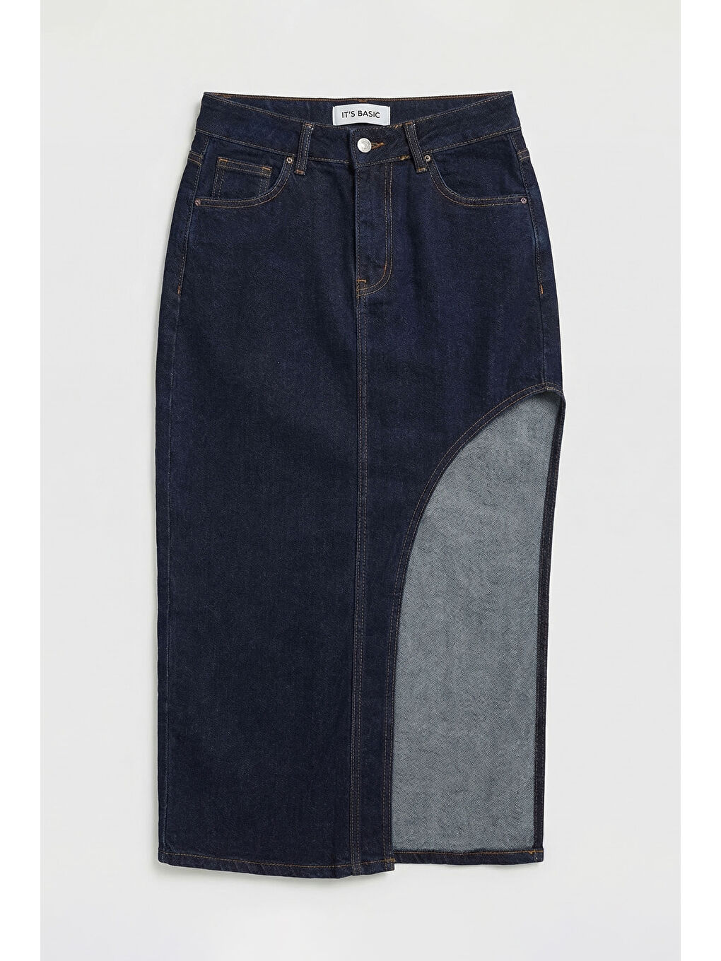 Kadın İndigo Selvedge 7s6-50 Maxi Yandan Yırtmaç Detaylı Tasarım Elastanlı Kumaş Denim Etek-3