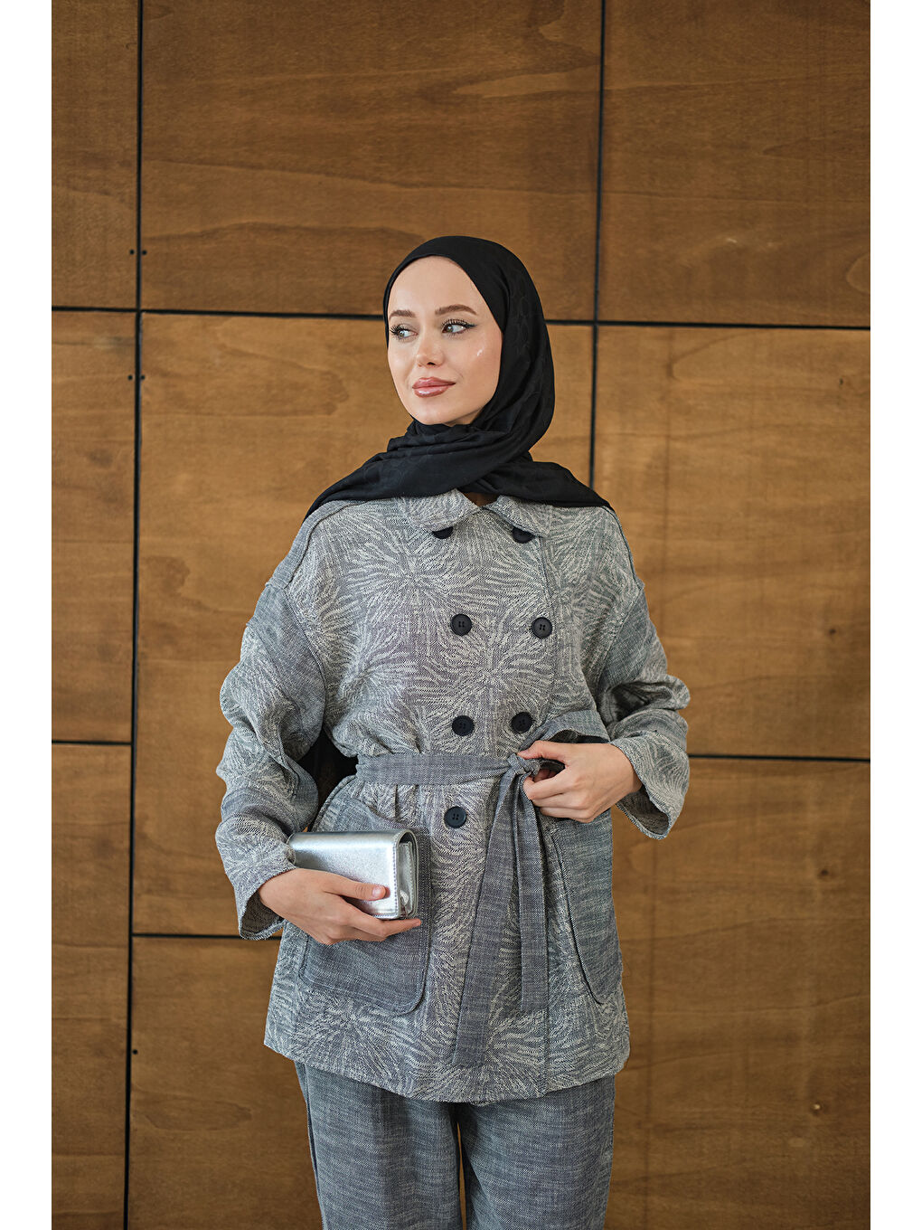 Kadın Çift Düğmeli Takım Gri-3