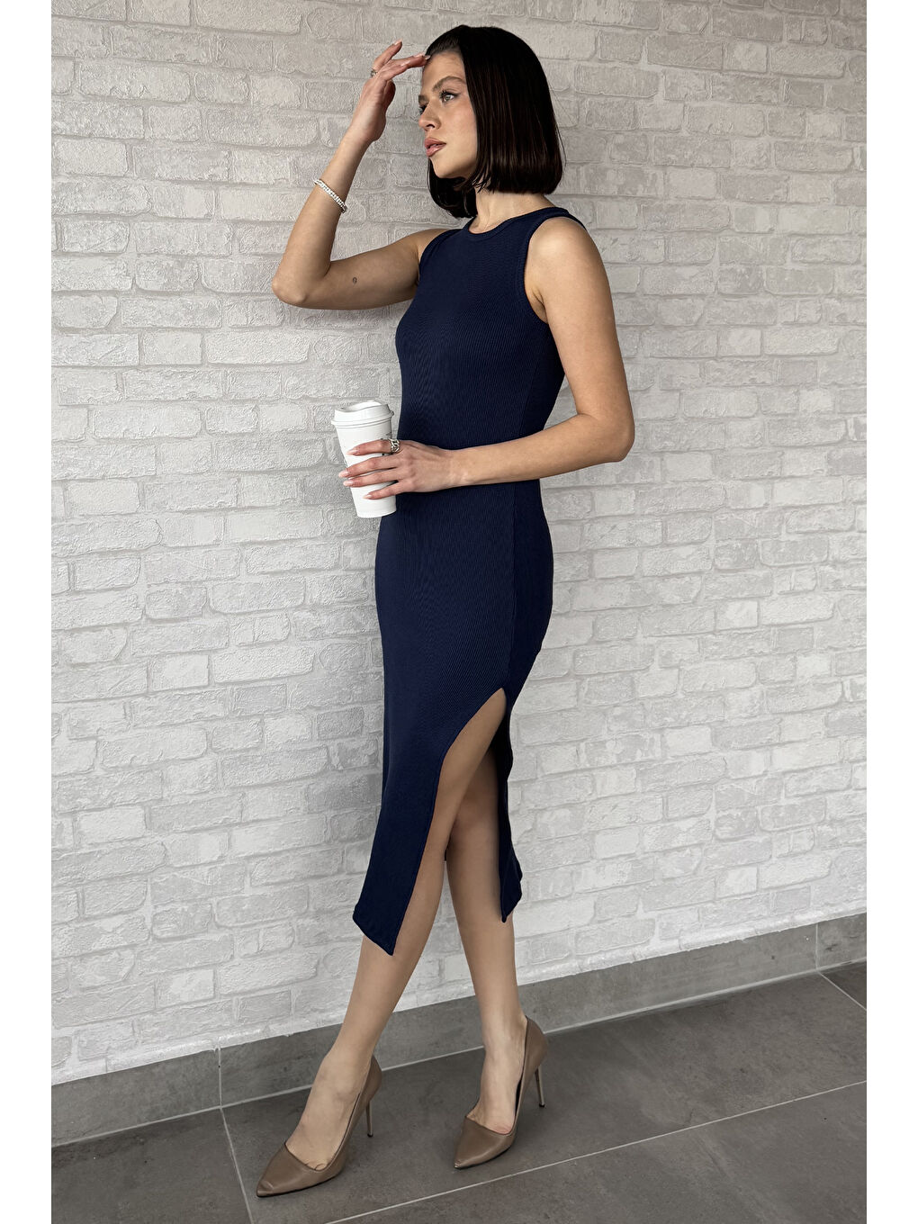 Lacivert Kadın Bisiklet Yaka Kolsuz Yırtmaçlı Kaşkorse Elbise-1