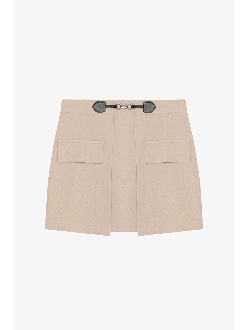 Toka Aksesuarlı Cepli Mini Etek Bej