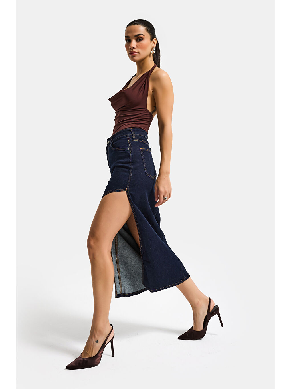 Kadın İndigo Selvedge 7s6-50 Maxi Yandan Yırtmaç Detaylı Tasarım Elastanlı Kumaş Denim Etek-4