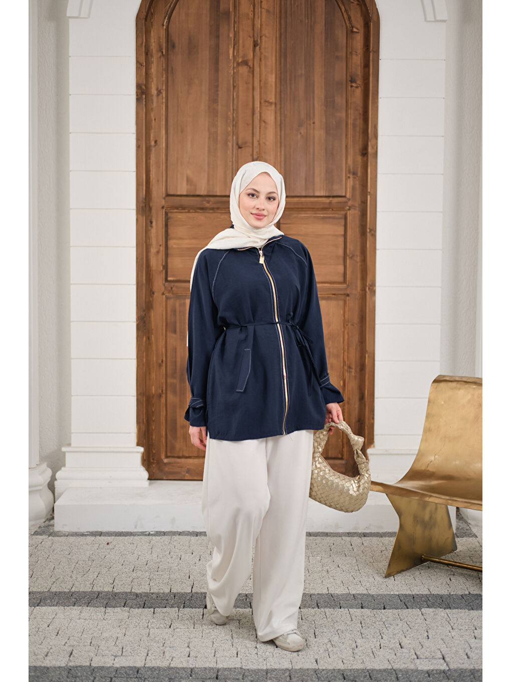 Kadın Gold Fermuar Detay Dikiş İzli Ceket Lacivert-2