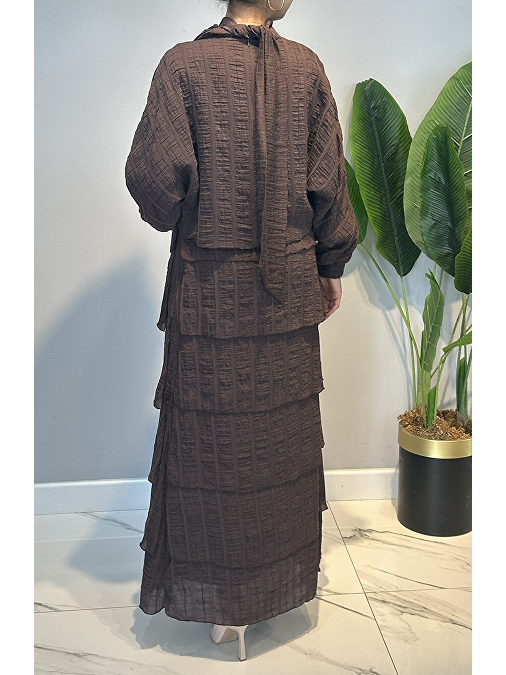 Kahverengi Missemramis Yakası Bağlama Detaylı Piona Elbise 5159 Kahve-3