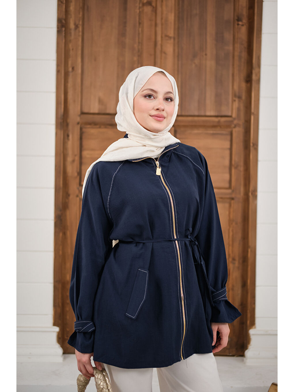 Kadın Gold Fermuar Detay Dikiş İzli Ceket Lacivert-3