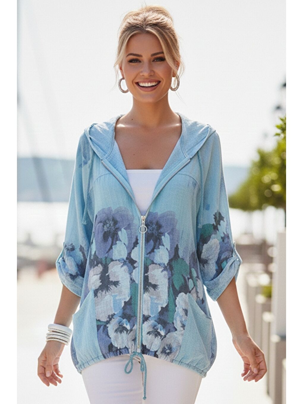 İtalyan Turkuaz Düğmeli Uzun Kollu Cepli Kapüşonlu Fermuarlı Baskılı Regular Boy Dokuma Ceket 68 65-4