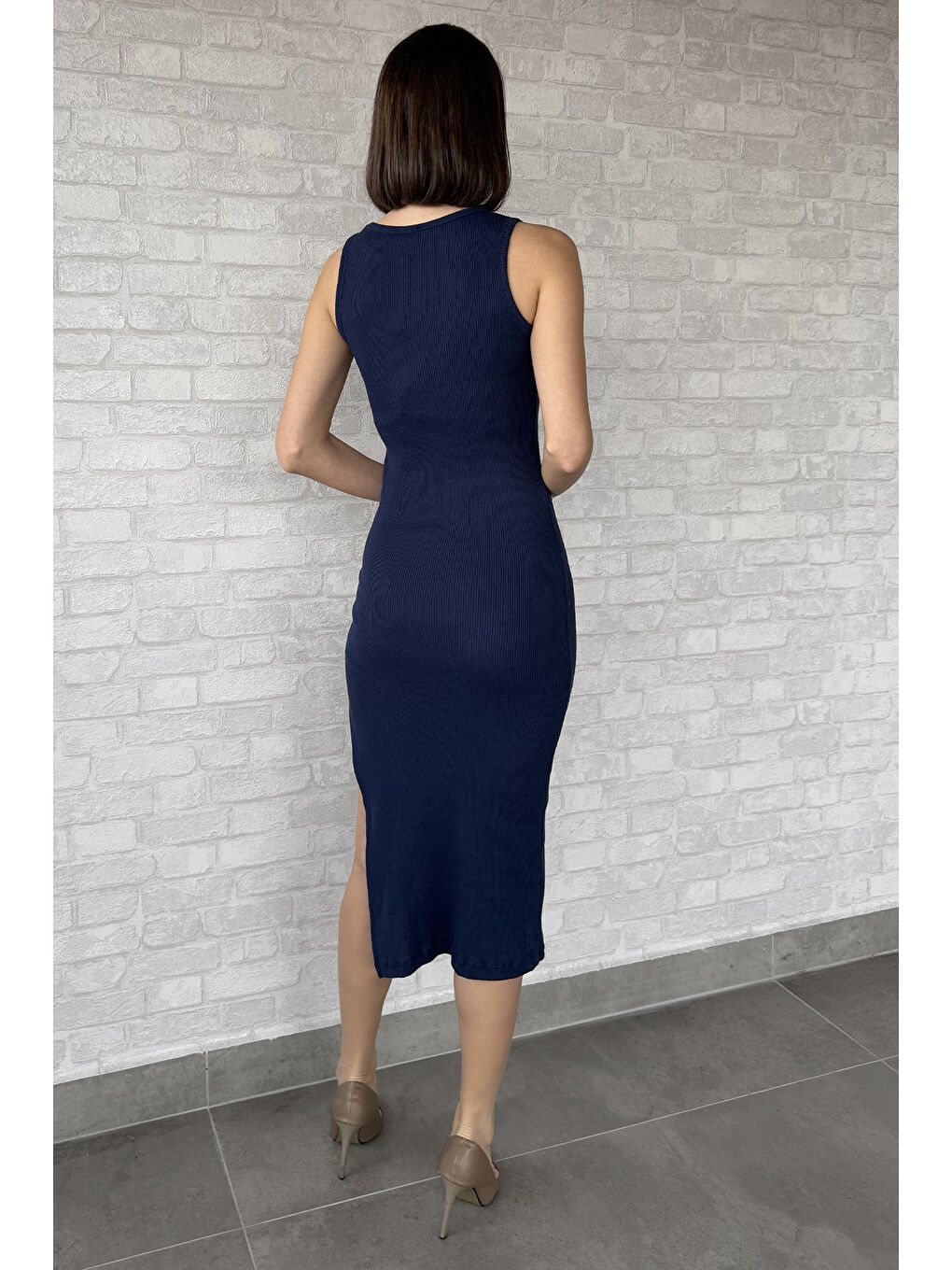 Lacivert Kadın Bisiklet Yaka Kolsuz Yırtmaçlı Kaşkorse Elbise-2