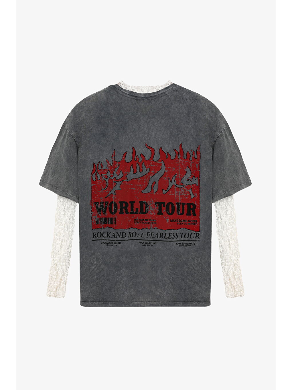 Dantel Garnili Yıkamalı Oversize Tişört Antrasit-2