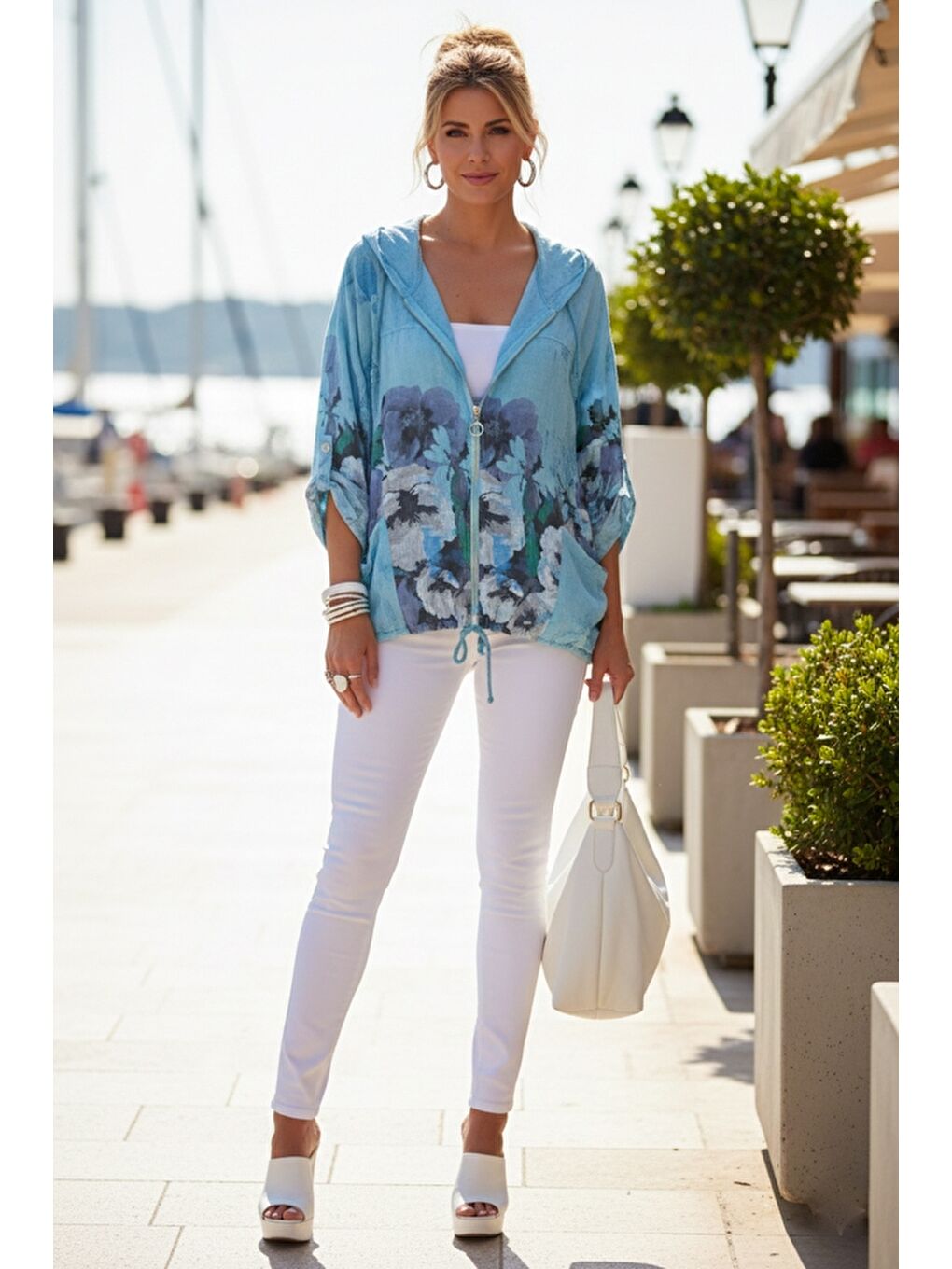 İtalyan Turkuaz Düğmeli Uzun Kollu Cepli Kapüşonlu Fermuarlı Baskılı Regular Boy Dokuma Ceket 68 65-5