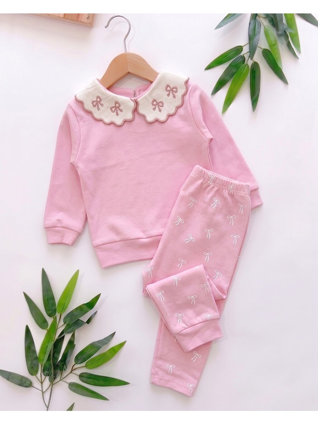 Pembe Kız Bebek Mevsimlik Fiyonk Baskılı Bebe Yakalı 9-12-18-24 Aylık Dar Kalıplı 2'li Alt Üst Bebek Takım