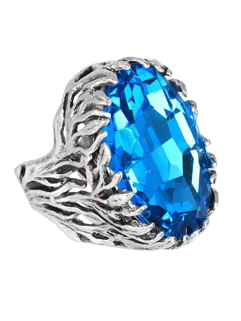 Turkuaz Kadın Antik Gümüş Kaplama Kristal Kesme Taş Detaylı Ayarlanabilir Tasarım Yüzük-1