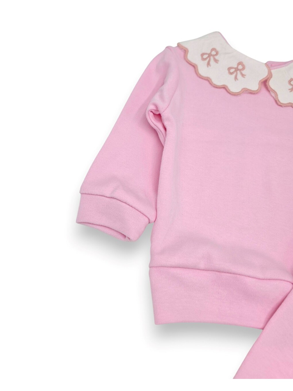Pembe Kız Bebek Mevsimlik Fiyonk Baskılı Bebe Yakalı 9-12-18-24 Aylık Dar Kalıplı 2'li Alt Üst Bebek Takım-1