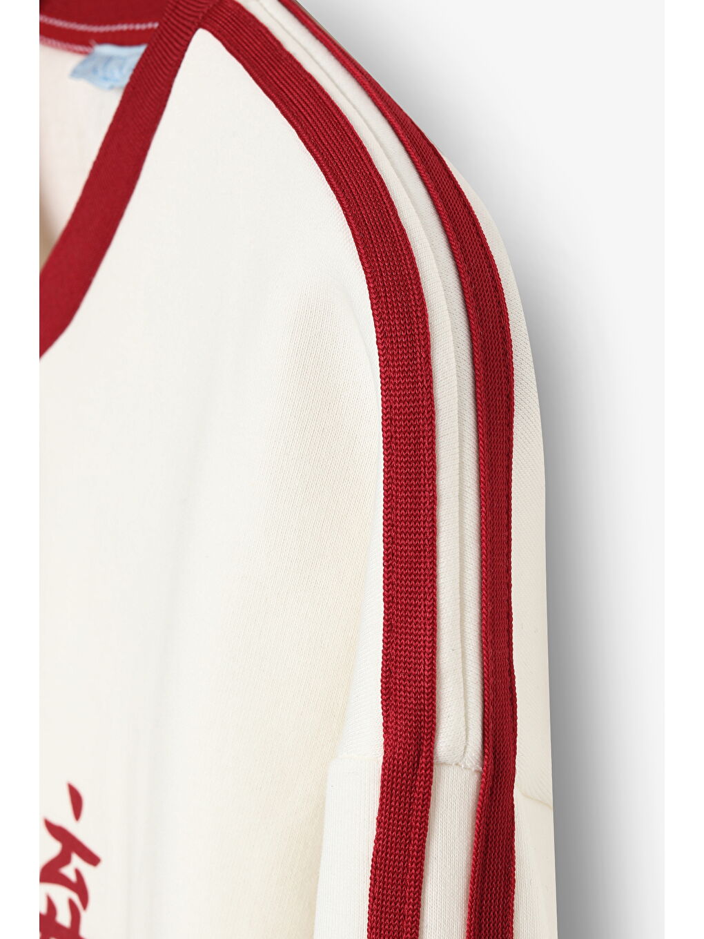 Şeritli Yazı Baskılı V Yaka Sweatshirt Ekru-2