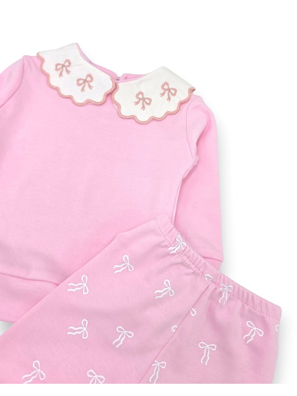 Pembe Kız Bebek Mevsimlik Fiyonk Baskılı Bebe Yakalı 9-12-18-24 Aylık Dar Kalıplı 2'li Alt Üst Bebek Takım-3