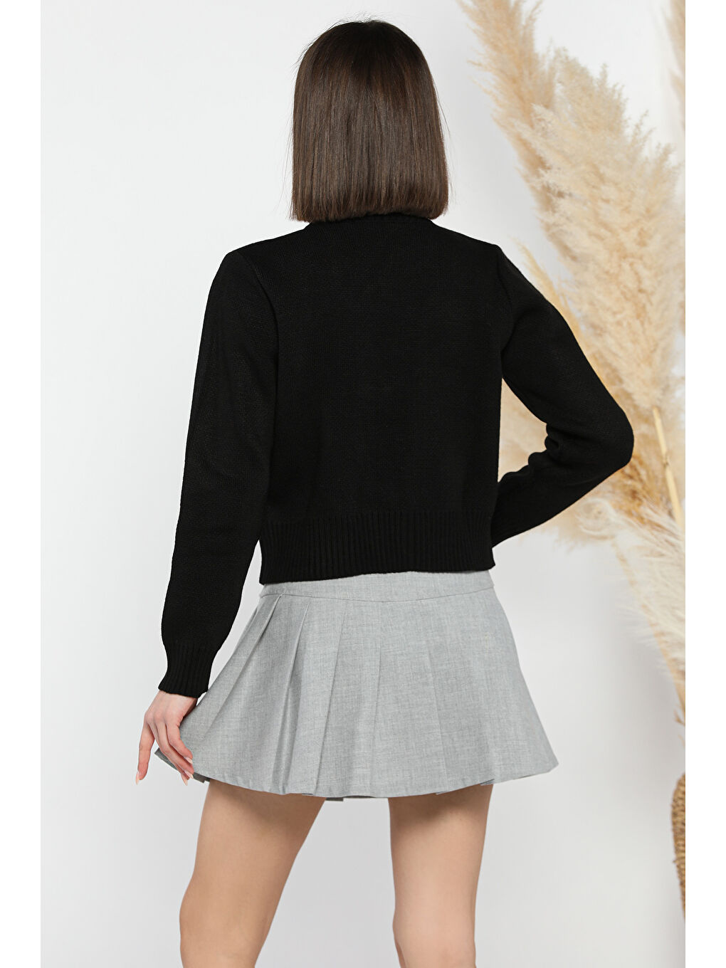 Siyah Kadın Ön Bağlamalı Triko Ceket-2