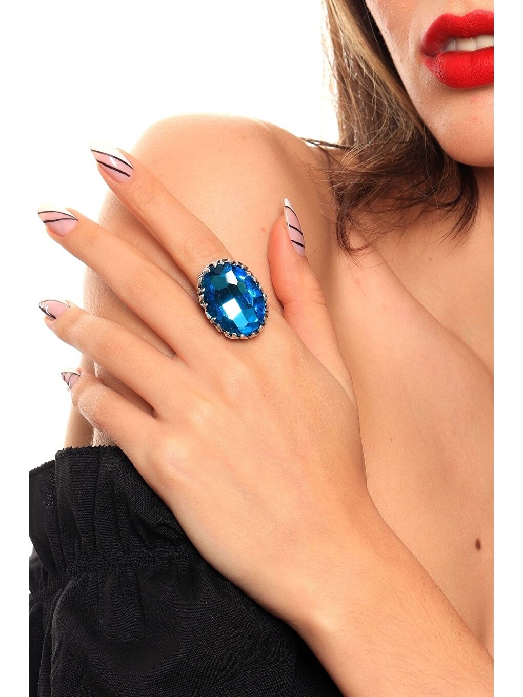 Turkuaz Kadın Antik Gümüş Kaplama Kristal Kesme Taş Detaylı Ayarlanabilir Tasarım Yüzük-2