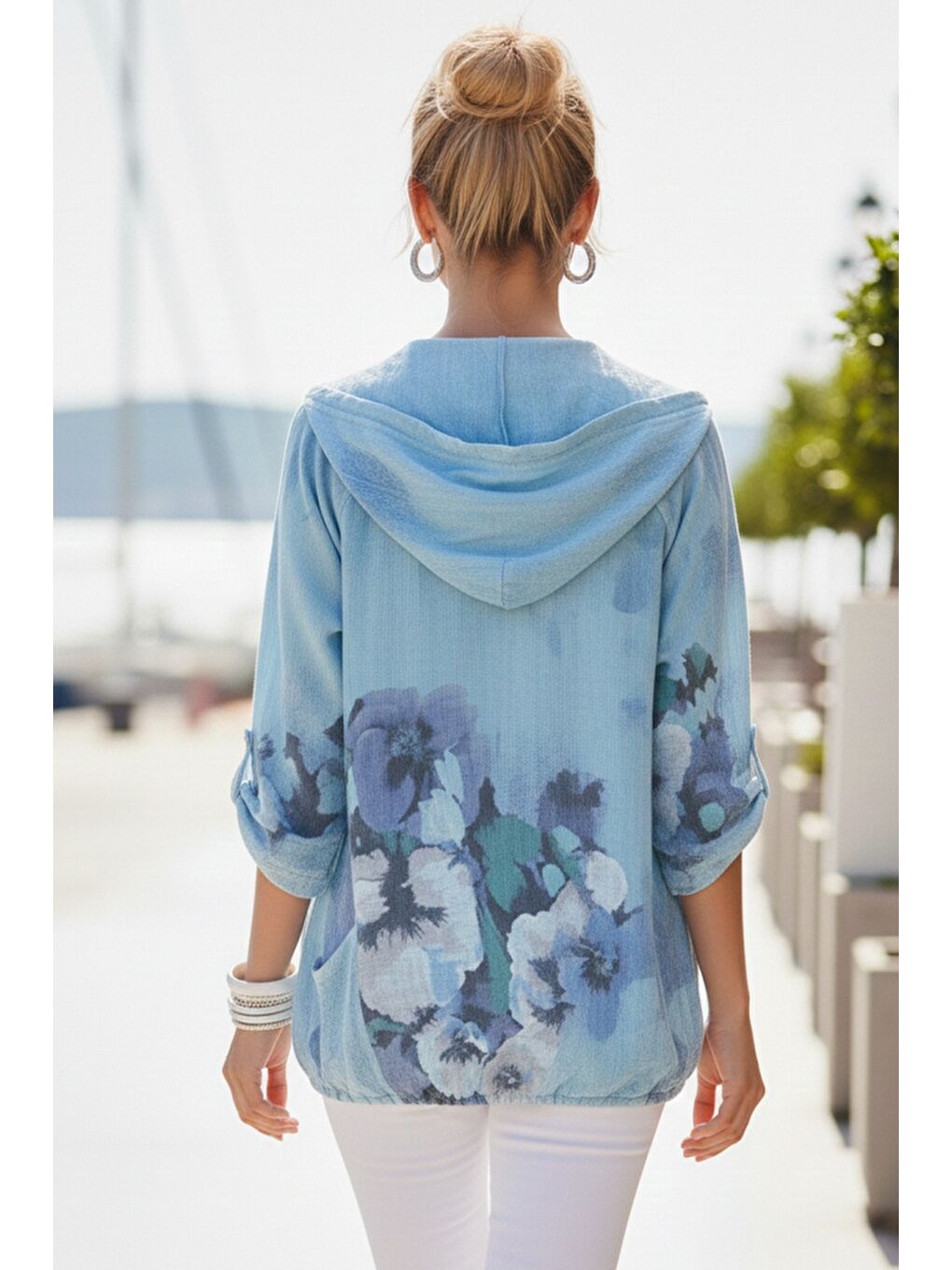 İtalyan Turkuaz Düğmeli Uzun Kollu Cepli Kapüşonlu Fermuarlı Baskılı Regular Boy Dokuma Ceket 68 65-6