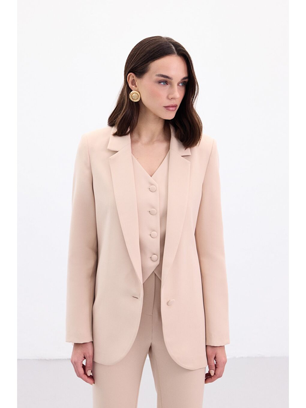 Düğmeli Klasik Ceket - Bej-1