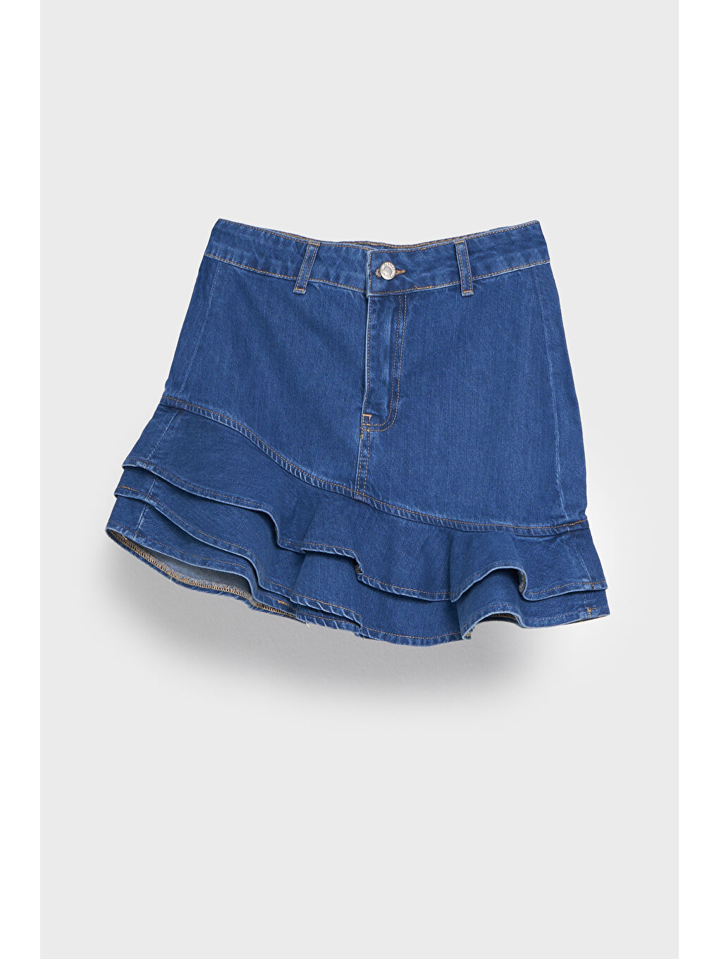 Kadın Mavi Renk 1S5-4 Volanlı %100 Pamuk Tasarım Denim Mini Etek-1