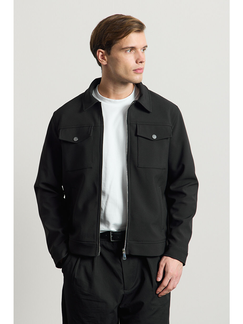 Erkek Standart Kalıp Gömlek Yaka Ceket Siyah-1