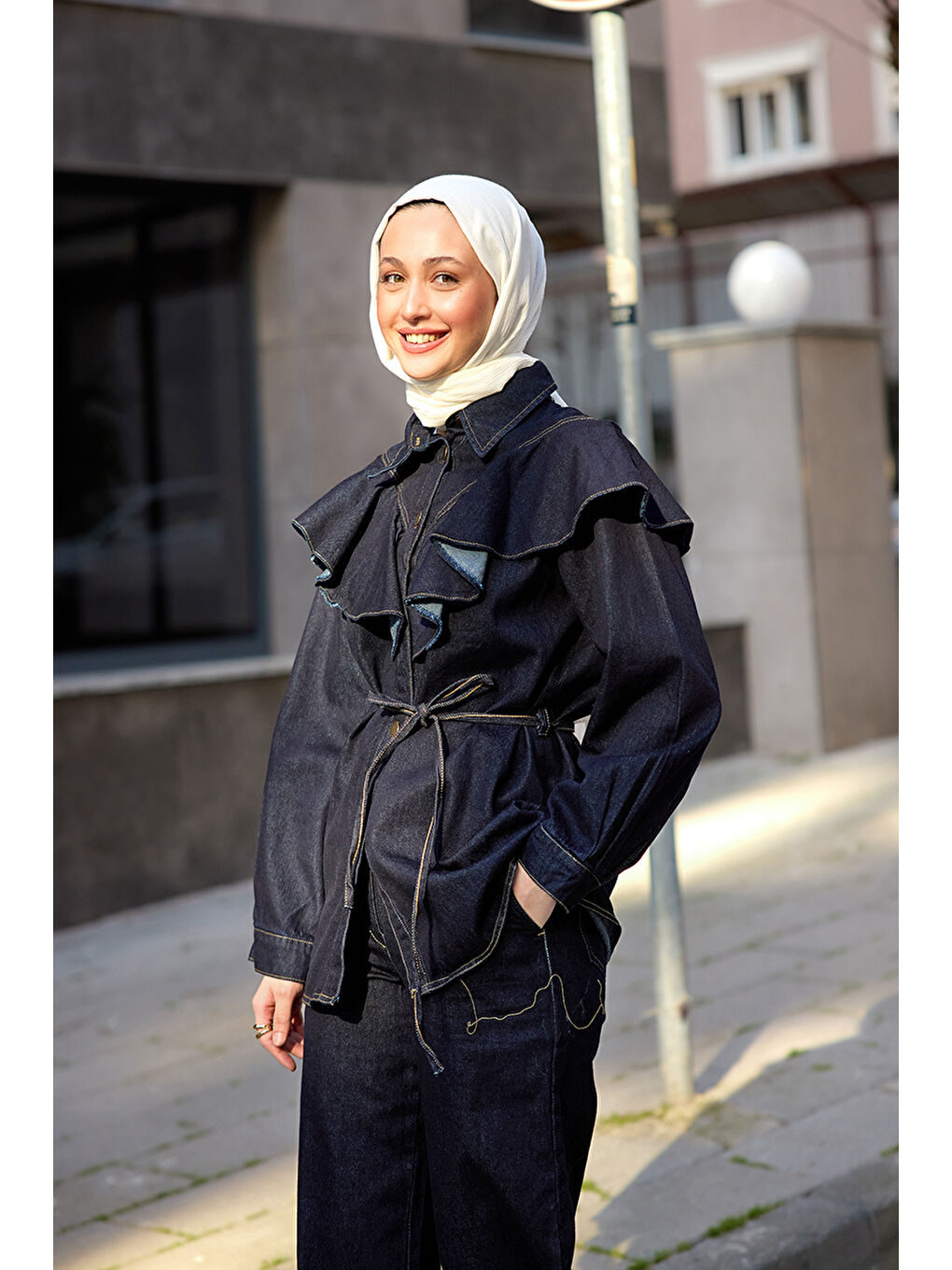 Kadın Jean Volanlı Gömlek Lacivert-1