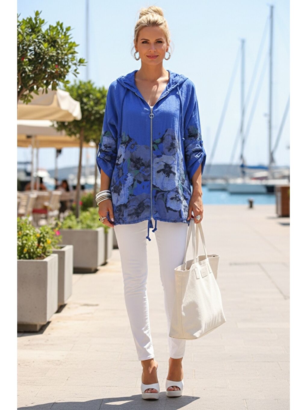 İtalyan Saks Mavisi Düğmeli Uzun Kollu Cepli Kapüşonlu Fermuarlı Regular Boy Dokuma Ceket 68 65-6