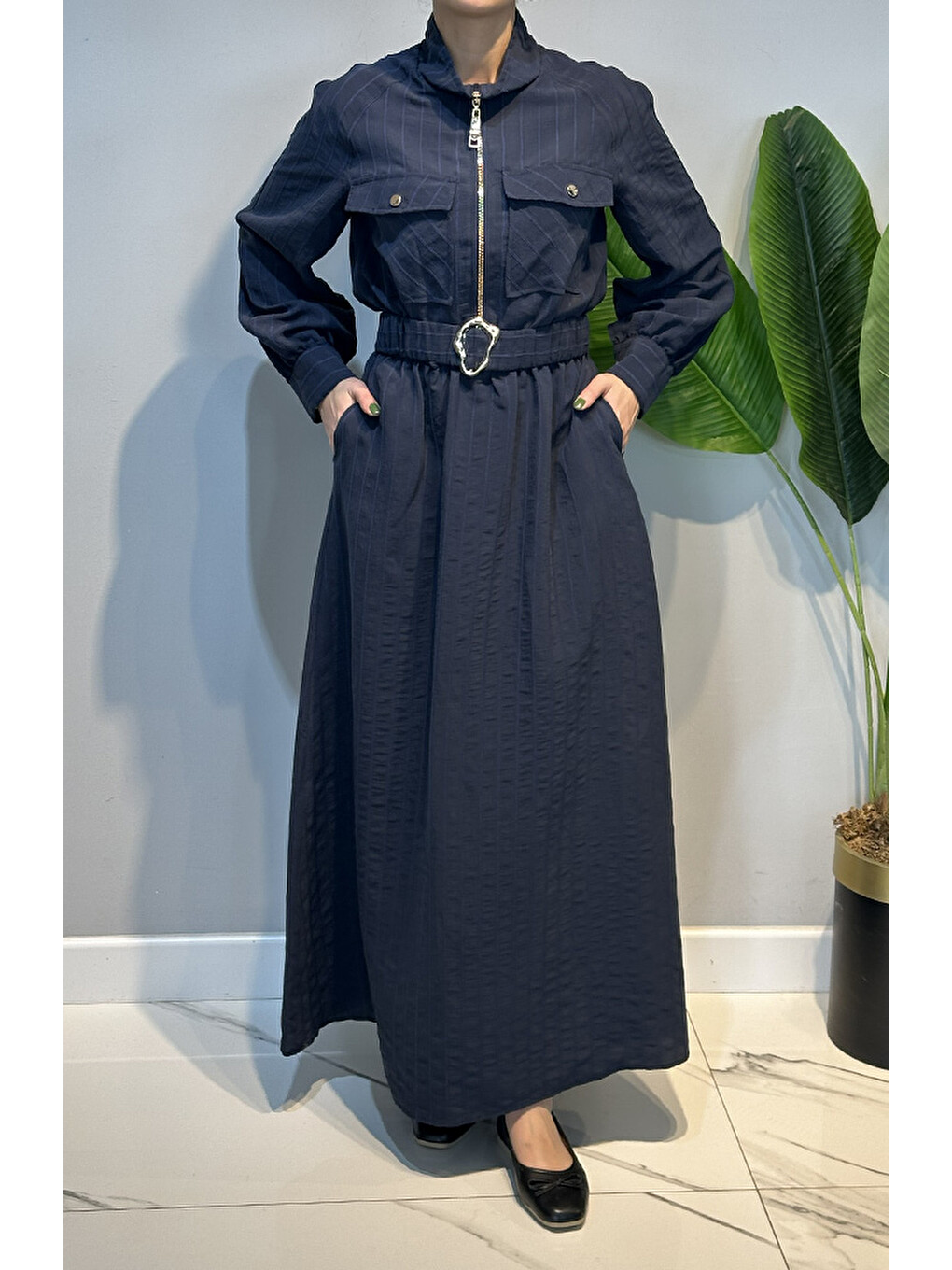 Kemerli Yarım Fermuarlı Çift Cepli Chic Line Çizgili Elbise 5161 Lacivert-1