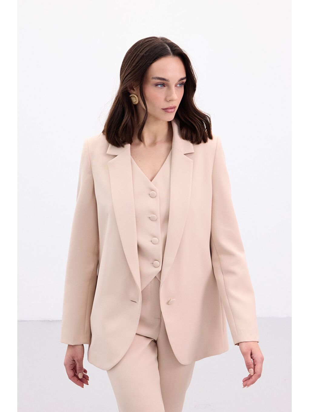 Düğmeli Klasik Ceket - Bej-2