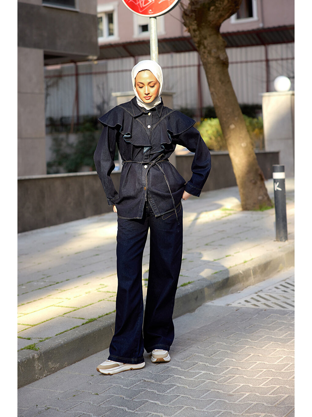 Kadın Jean Volanlı Gömlek Lacivert-3