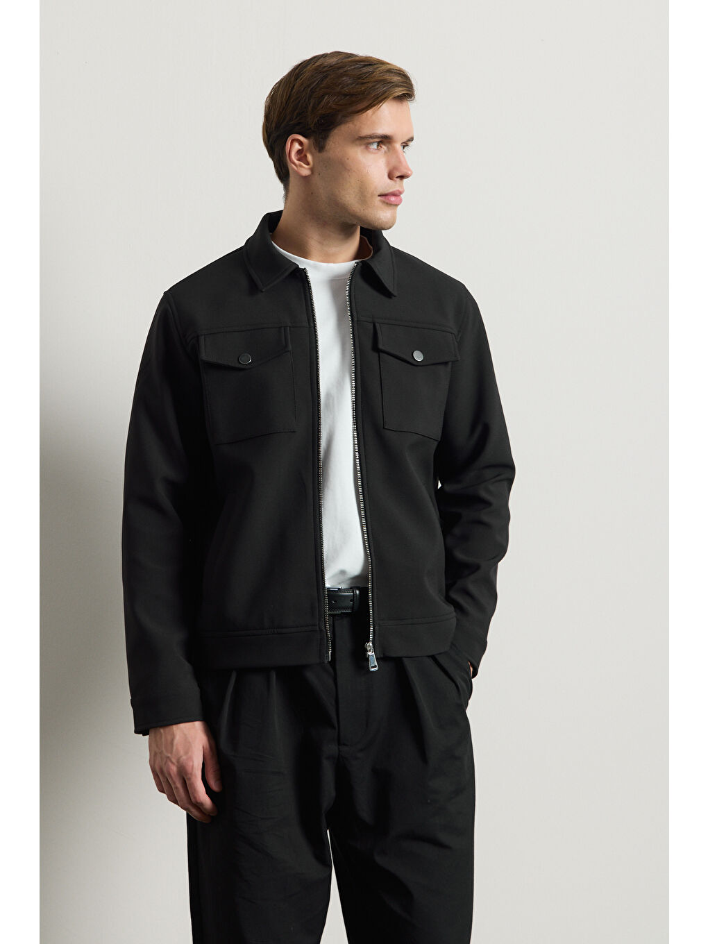 Erkek Standart Kalıp Gömlek Yaka Ceket Siyah-2