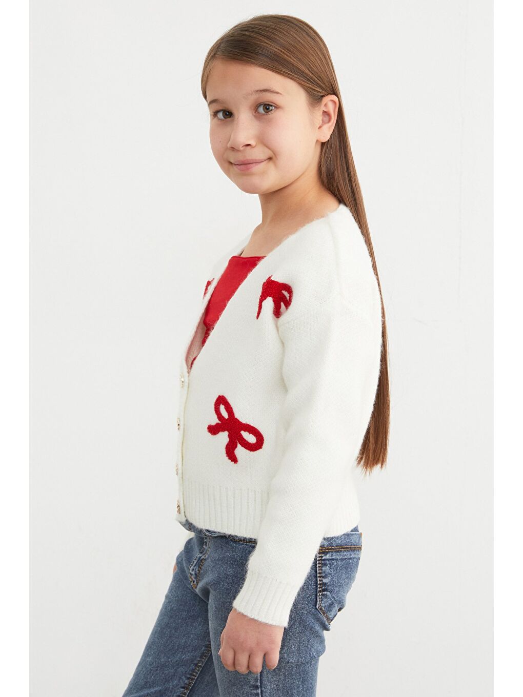 Ekru Fiyonk Nakışlı V Yaka Kız Çocuk Hırka-1