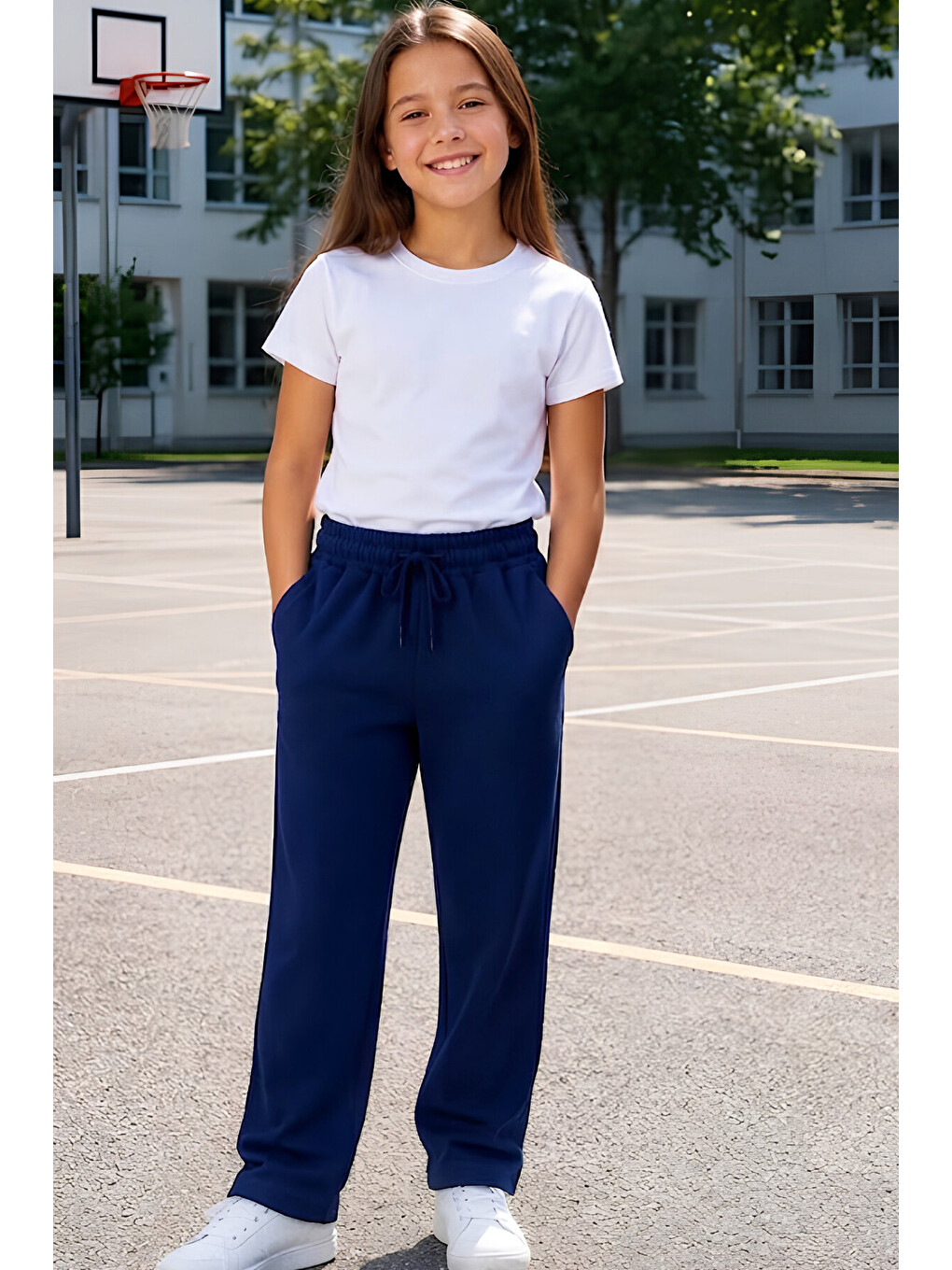 Lacivert Kız Çocuk Okul Pantolonu Beli Lastikli+kordonlu+cepli+2 İplik 5-14 Yaş 12768hc-2