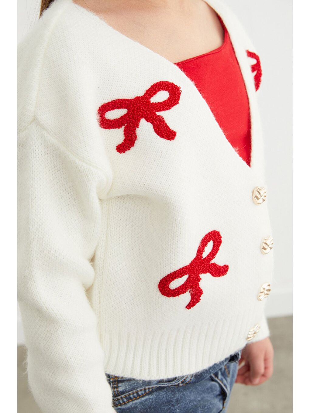 Ekru Fiyonk Nakışlı V Yaka Kız Çocuk Hırka-4